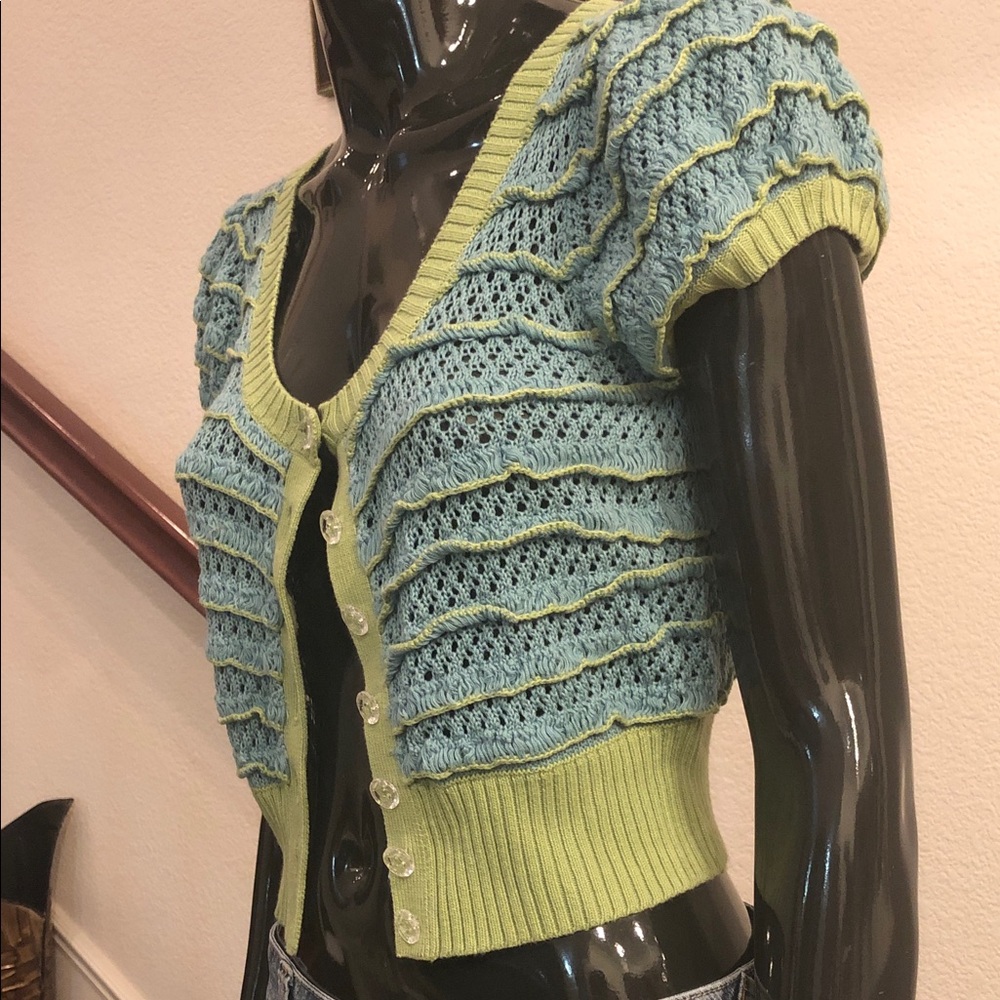 Light Blue & Lime Short-Sleeve Knit Cardigan - Picture 2 of 4